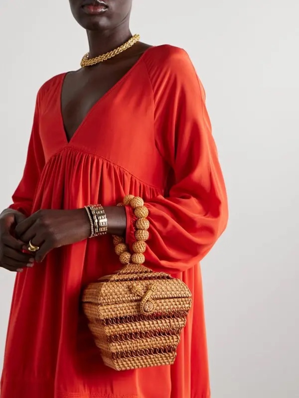 Cult Gaia Suri Rattan Wicker Top Handle Beaded Clutch Mini Bag Purse Tan Brown - Picture 5 of 9